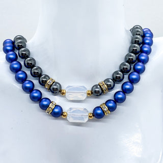 Imperial Blue Crystal Bead Necklace: choker or choker necklace, Swarovski crystal beads, emerald-cut central pearl